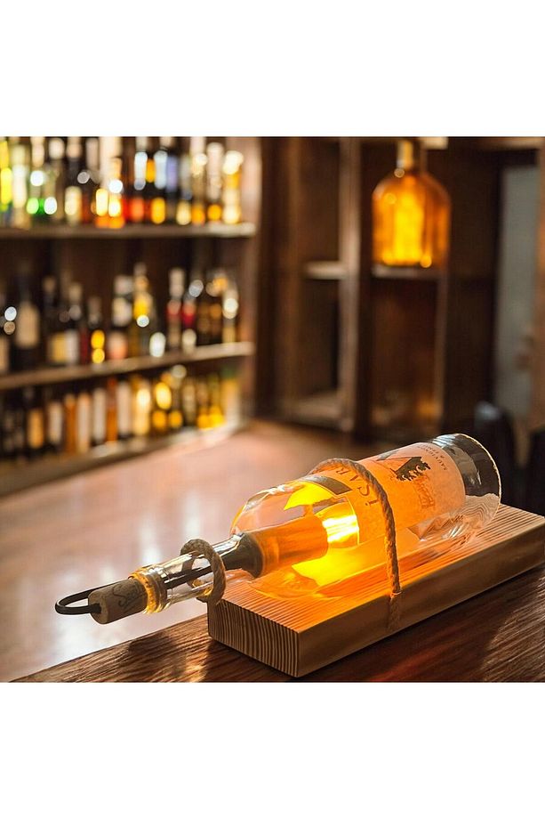 Rustik Halatlı Dekoratif Ahşap Masa Üstü Ahşap Bar Üstü El Yapımı Işıklı Şarap Şişesi - 3