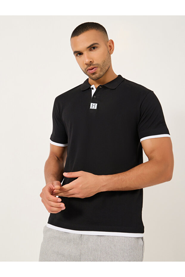 Minimal Print Relaxed Fit Polo T-Shirt with Contrast Placket