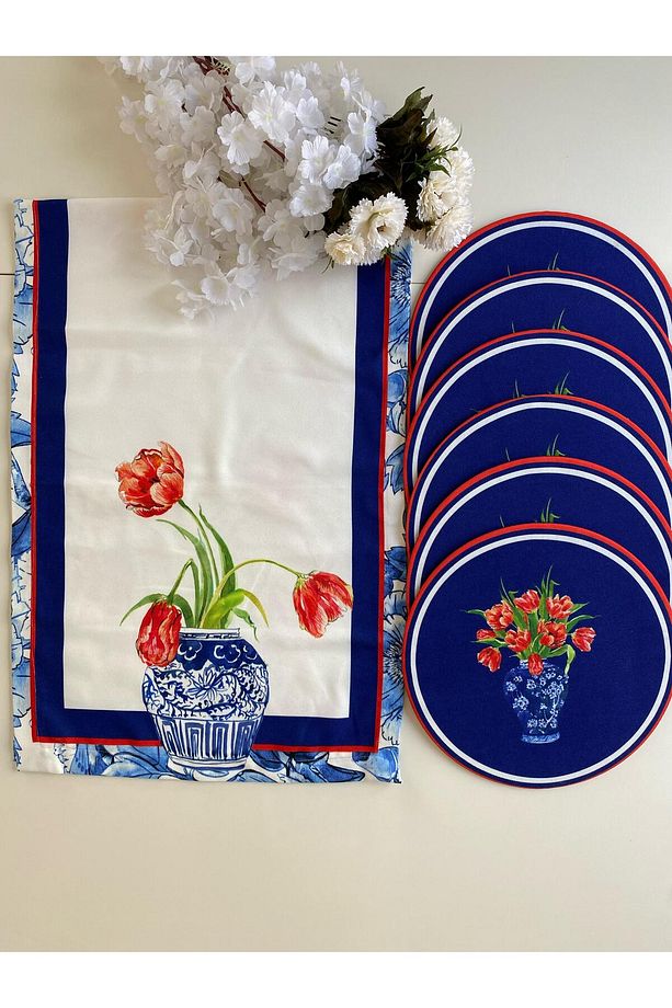 Mavi Vazo ve Çiçek Baskılı Runner & Supla Takımı 40x140 cm Runner + 33 cm Supla (6 Adet) - 6