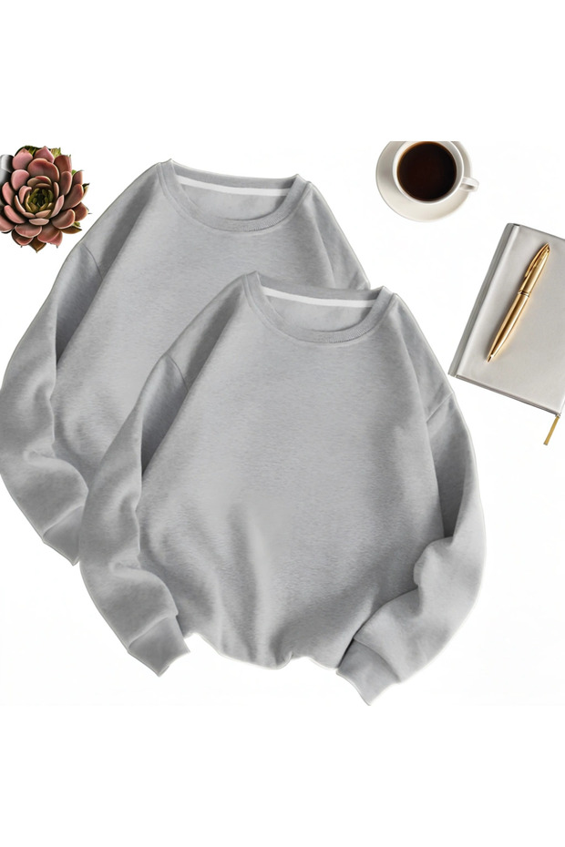 قطعتان من سويت شيرت الشتاء الأساسي باللون الرمادي مبطن بالصوف - 1