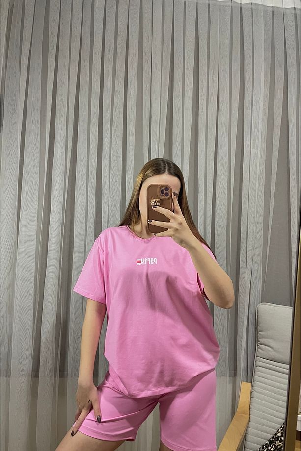 Pembe Rahat Kalıp Şort Üst Takım - 1