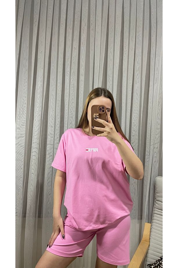 Pembe Rahat Kalıp Şort Üst Takım - 2