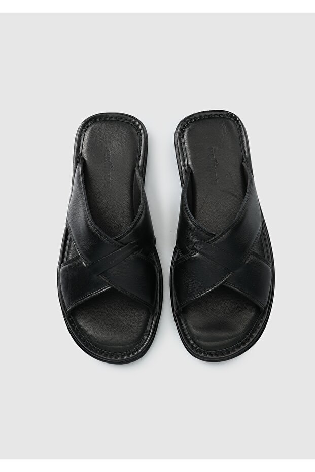 Men's Black Leather Slippers - 4