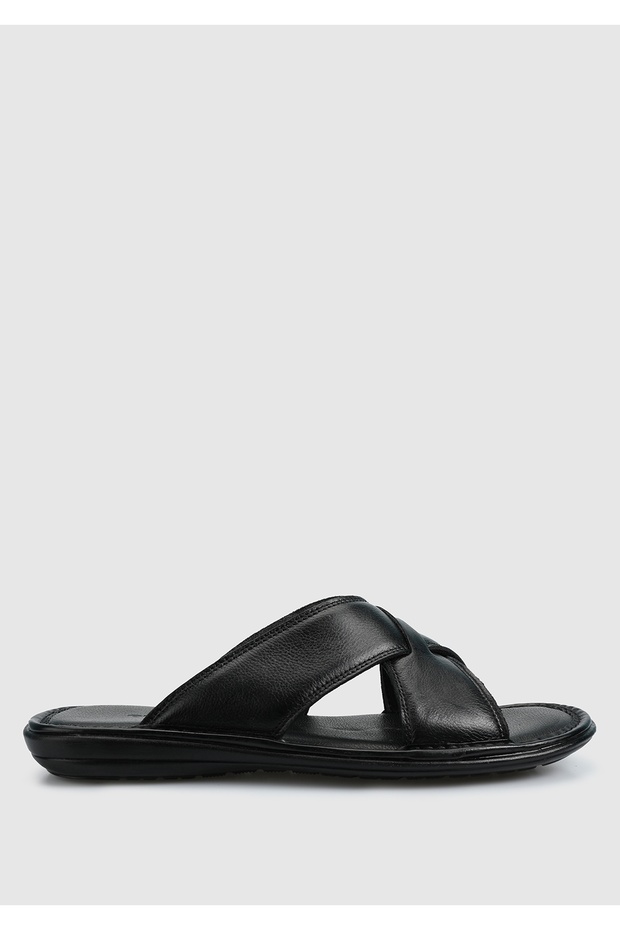 Men's Black Leather Slippers - 1