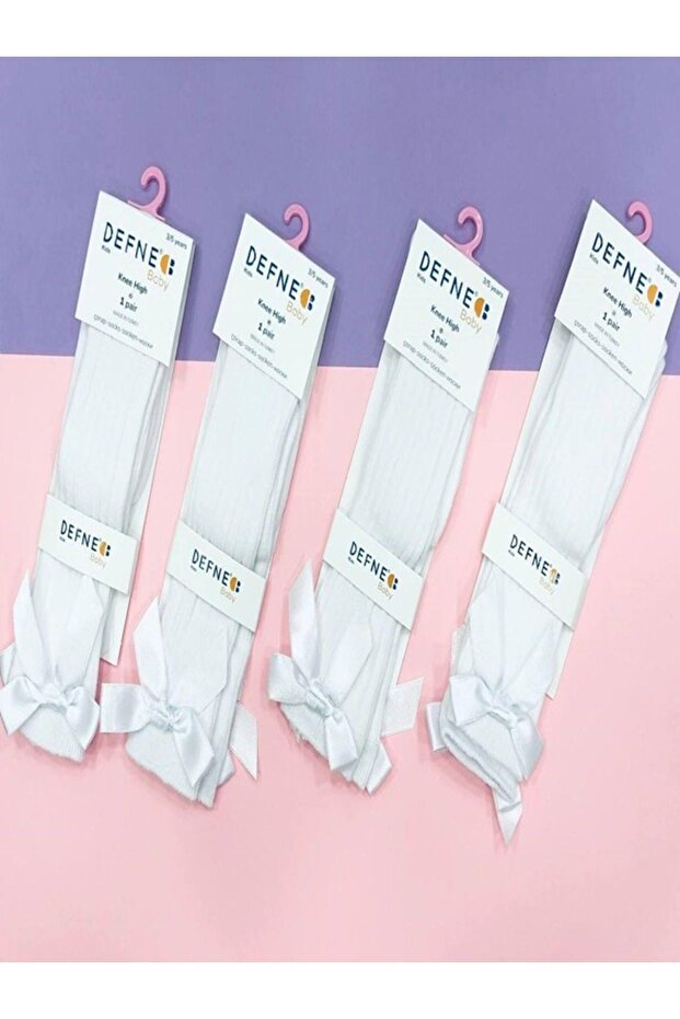 1 Piece Girl's White Bow Detailed Striped Patterned Knee Socks