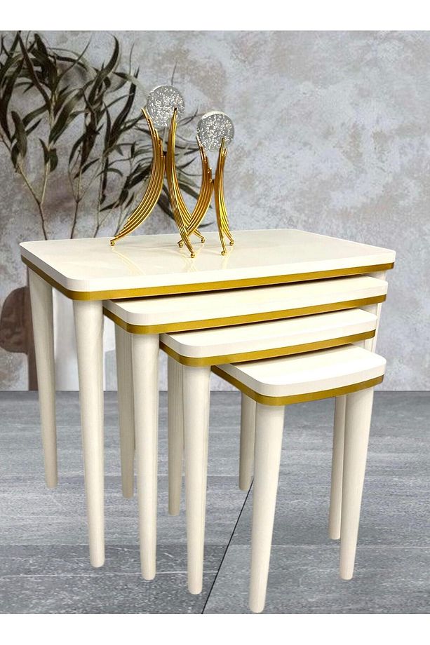 4'lü Beyaz Gold Zigon Sehpa Çift Kat MDF - 2
