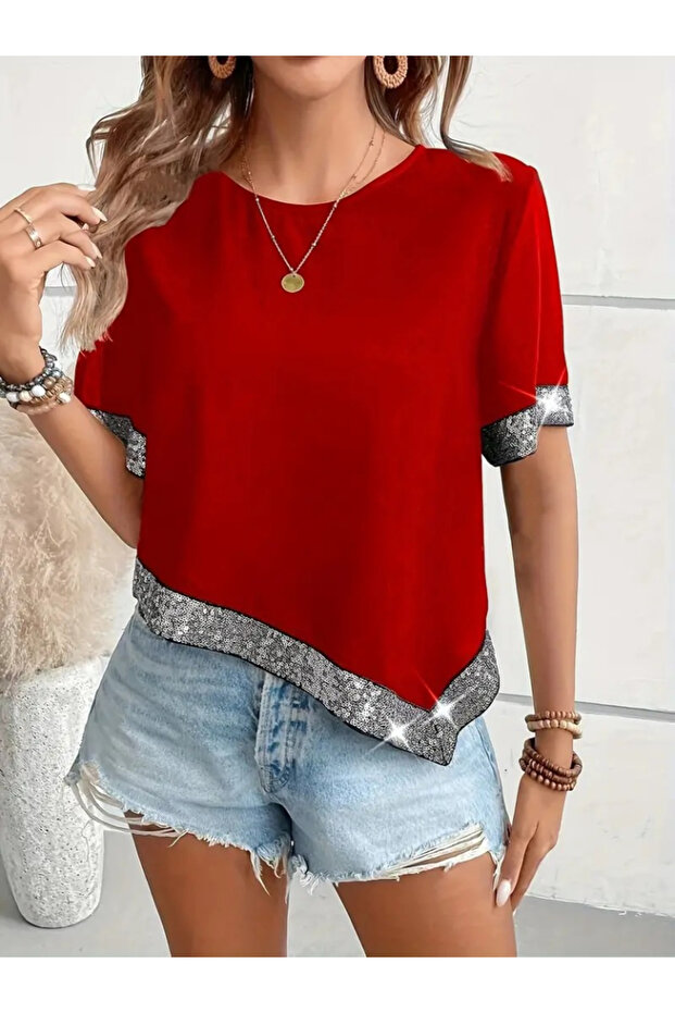 Payetli Kırmızı Bluz - 3