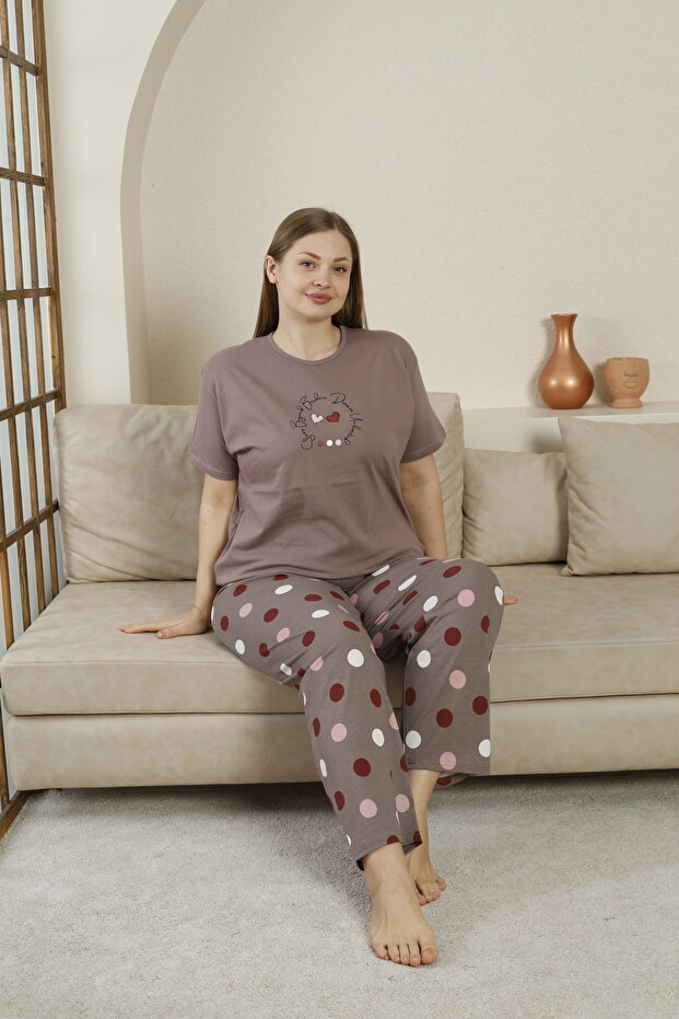 Cotton Short Sleeve Knitted Pajamas Set Large Size Brown