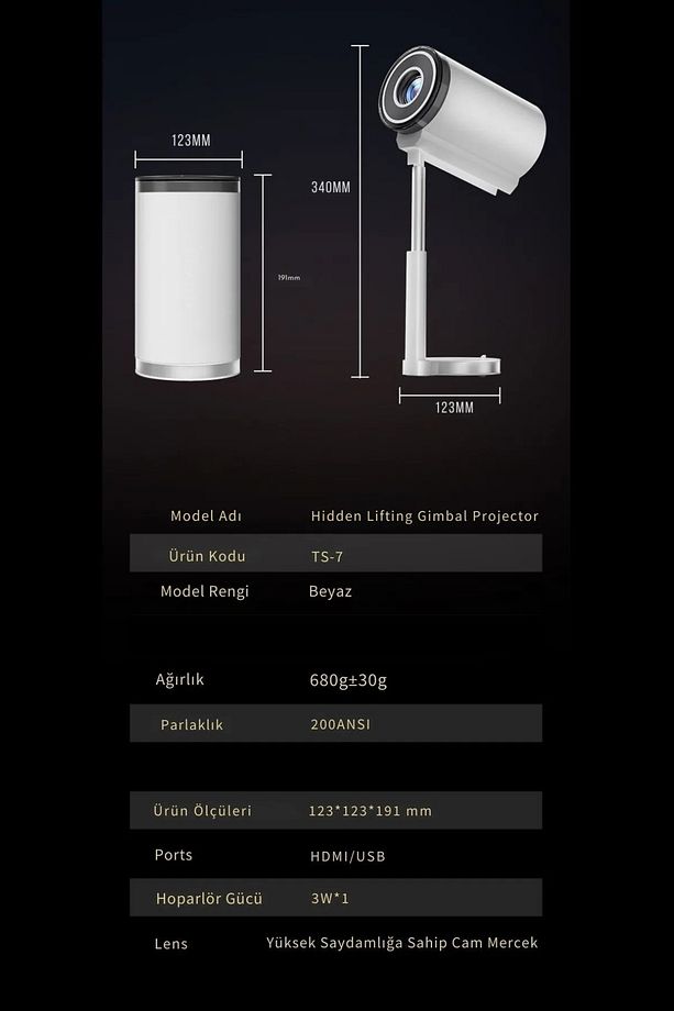 TS7 Tripodlu Upgrade Android Taşınabilir Sinema Projeksiyon Wi-Fi Gimbal Özellikli Akıllı Projektör - 8
