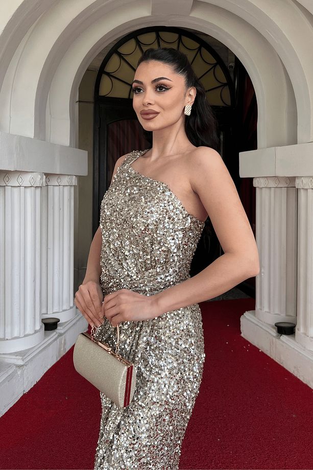 Payet Kumaş Tek Kol Kalem Elbise - GOLD - 3