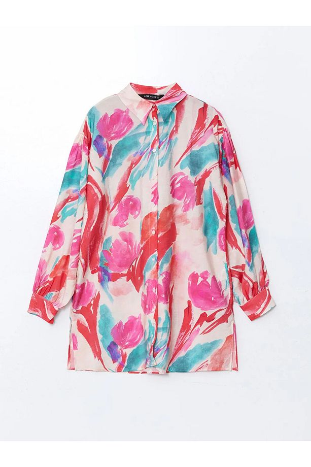 LCW Modest Pembe Desenli Oversize Kadın Gömlek Tunik - 3