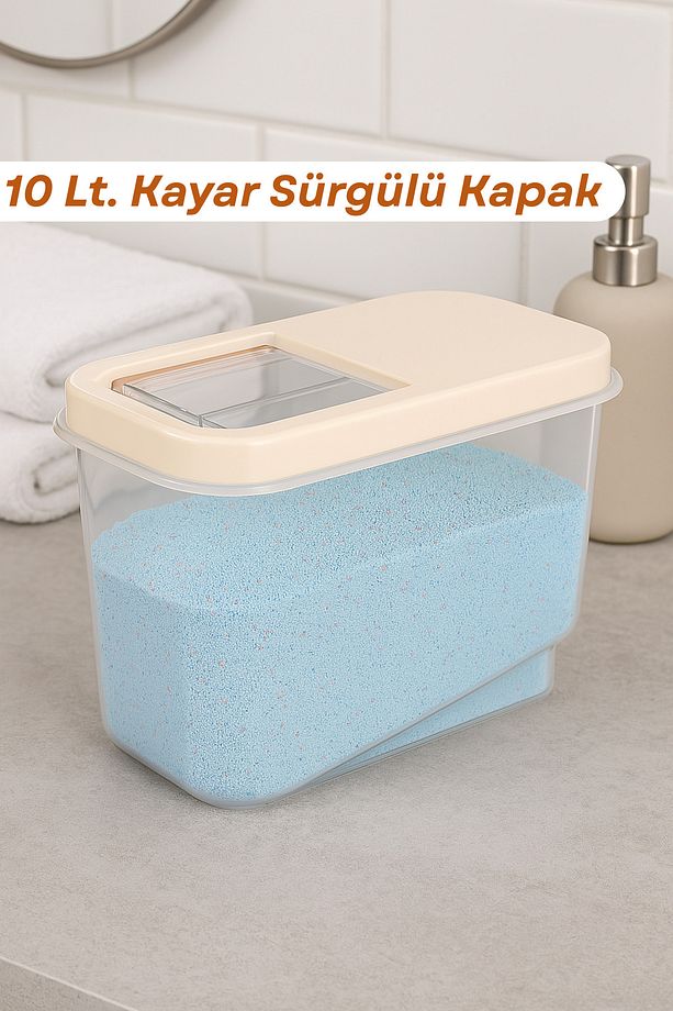 10 Lt Etiketli Kayar Kapaklı Deterjan Saklama Kabı -tablet Deterjan Saklama Kutusu Krem - 1