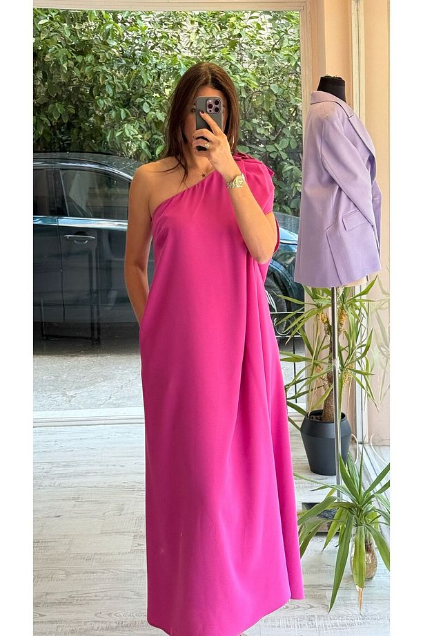 Pembe Tek Omuz Uzun Boy Elbise - 1