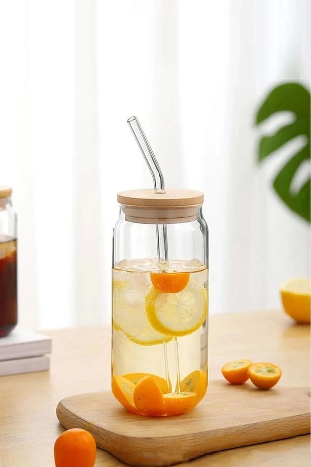 2'Li Isıya Dayanıklı Cam Pipetli Bambu Kapaklı Bubble Tea Ve Borosilikat Bardak 550 Ml. - 3