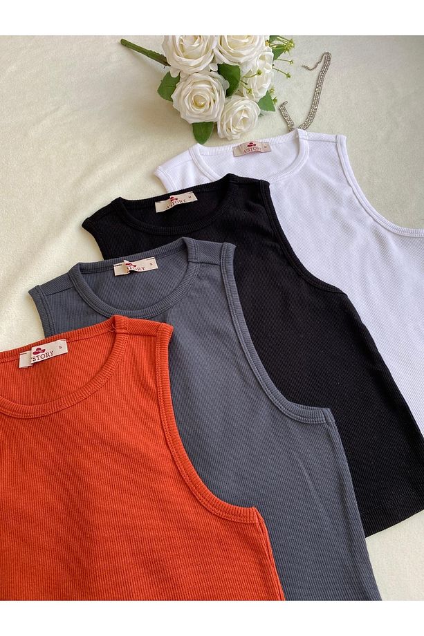 4 lü Paket Fitted/ Vücuda Oturan Crop Halter Yaka Fitilli Esnek Örme - 2