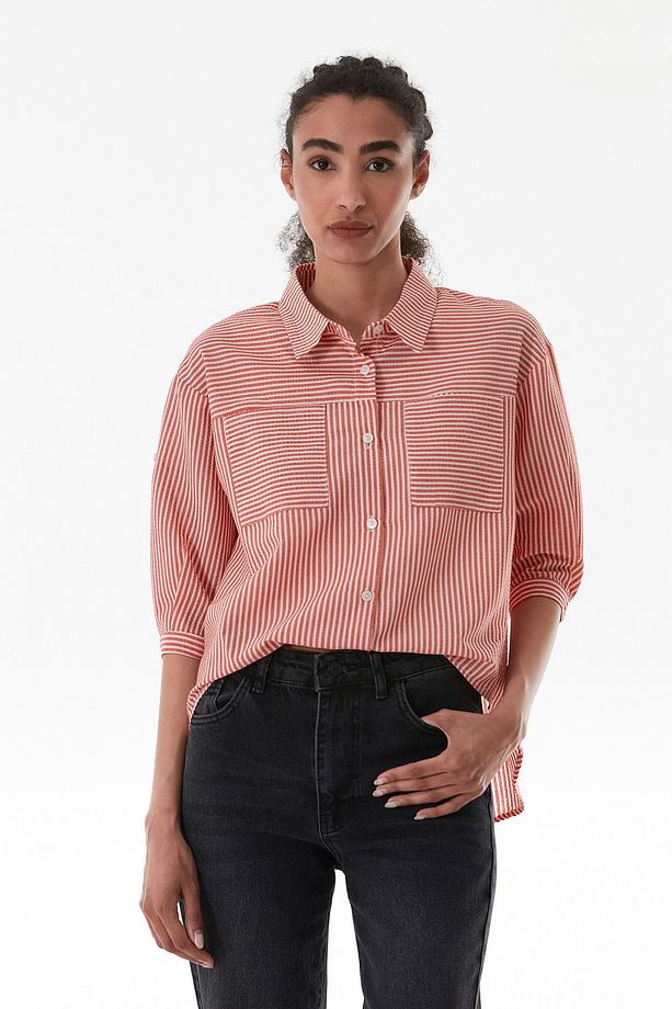 Çizgili Body Detaylı Çift Cepli Crop Gömlek - 5