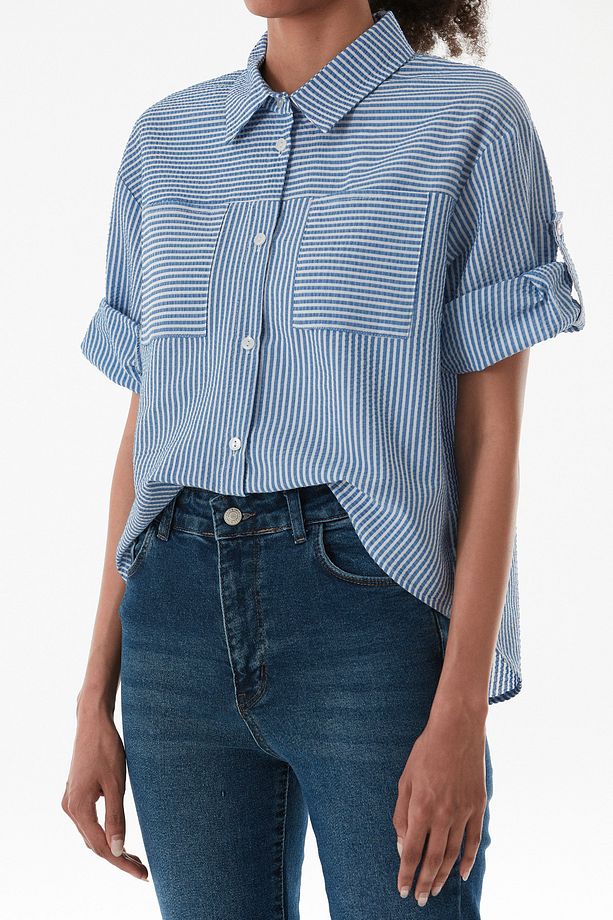Çizgili Body Detaylı Çift Cepli Crop Gömlek - 7