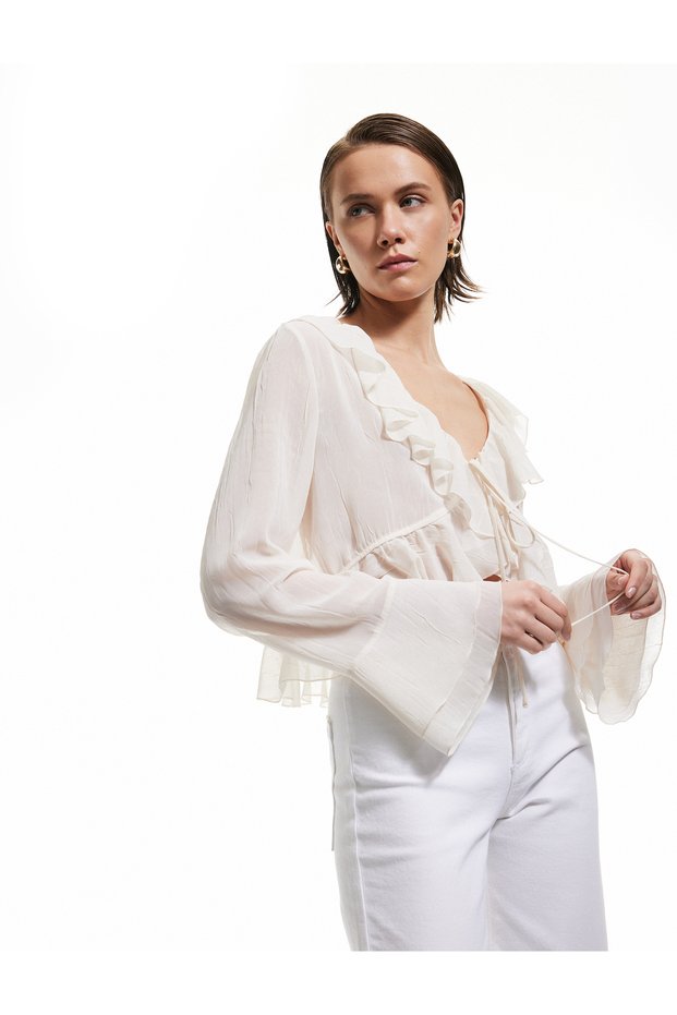 Asymmetrical Long Sleeve Ruffle Crop Blouse with Front Tie Detail