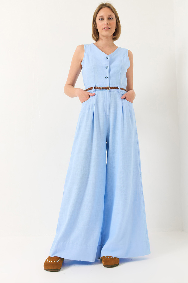 Women's Baby Blue V-Neck Knitted Belted Linen Overalls with Pockets and Loose Trousers 90022 60283186