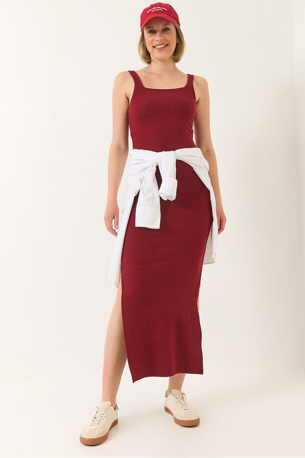Women's Burgundy Strappy Square Neck Slit Detailed Ottoman Midi Dress 295 60283176