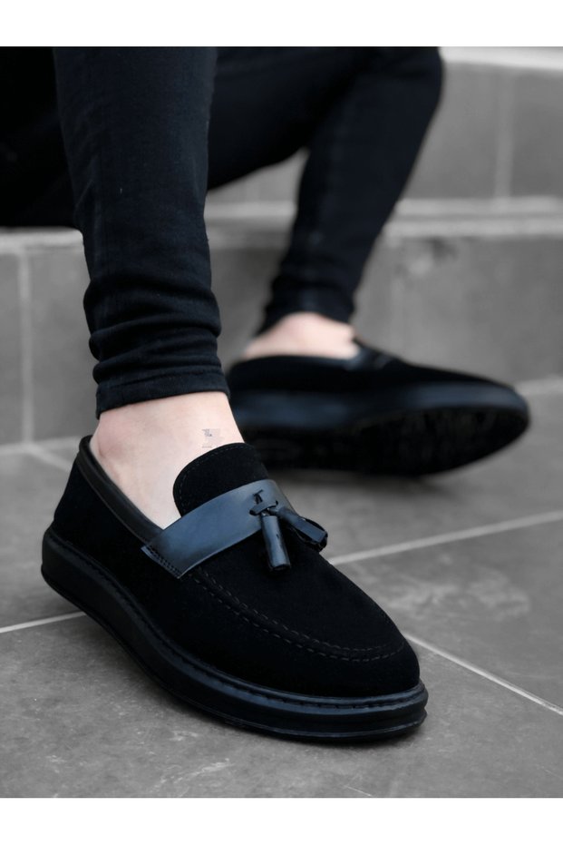 Tugerdi Laceless High Sole Black Belted Classic Tassel Style Men's Shoes TGE230155