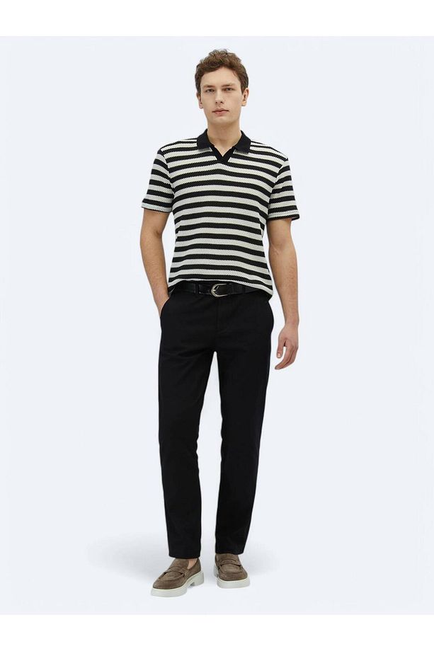 Siyah Düz Dokuma Regular Fit Casual Pamuk Karışımlı Pantolon - 1