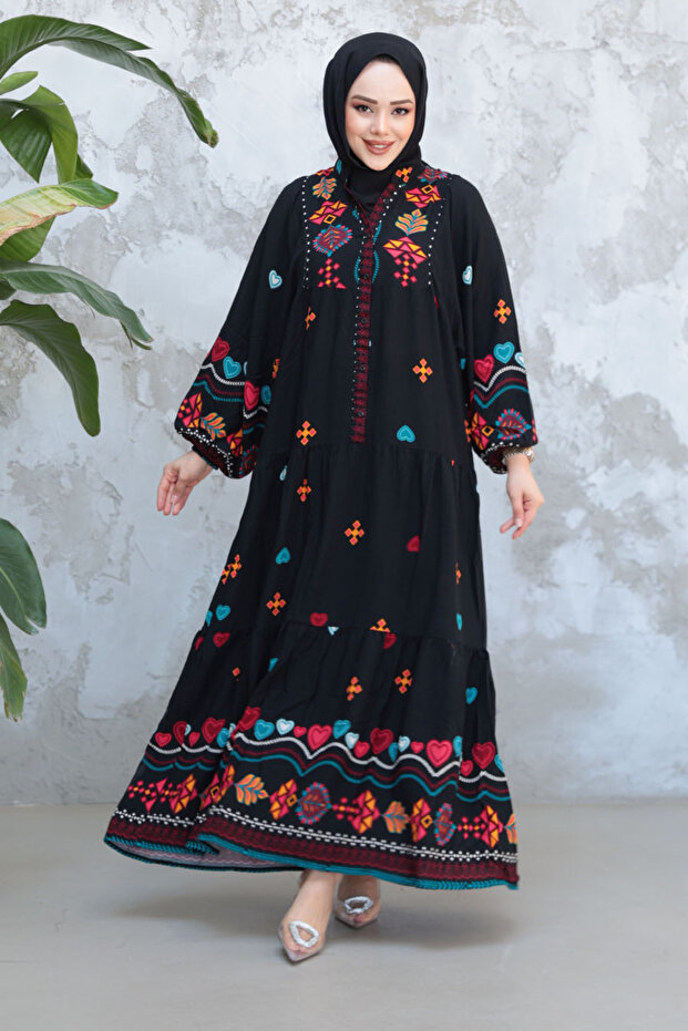 Patterned Black Hijab Dress 18244S