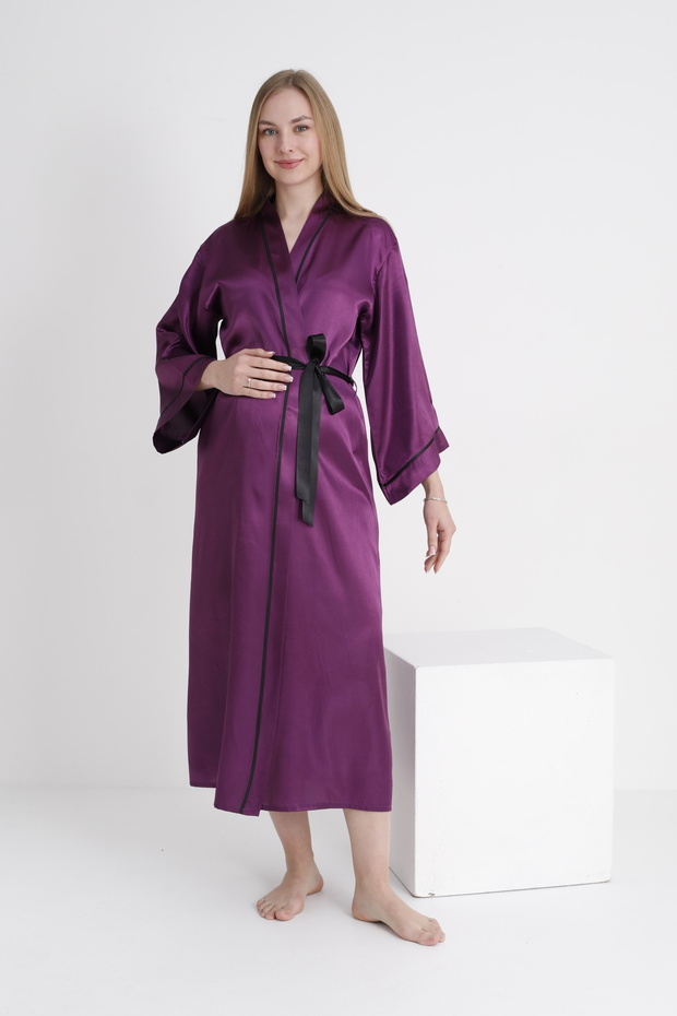 Piping Bat Sleeve Maternity and Maternity Satin Dressing Gown