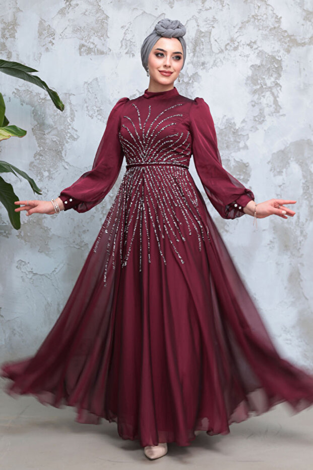 Beaded Cherry Hijab Evening Dress 4953Vsn
