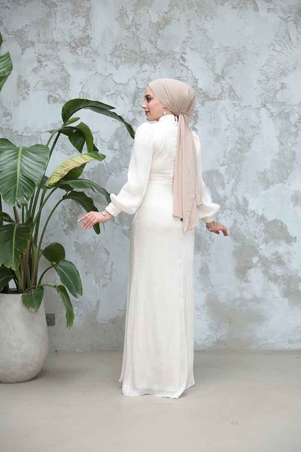 Drape Detaylı Ekru Tesettür Abiye Elbise 50921E - 4
