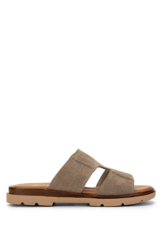 Women's Genuine Leather Sand Beige Suede Flat Slippers
