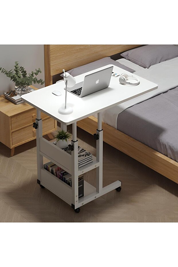 Side Table Height Adjustable with Swivel Wheels,C-Shaped Side Table-80x40cm-White - 1
