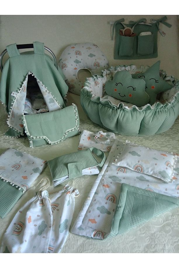 17 parçalık yuvarlak babynest seti ( muslin ve waffle pike kumaşları) - 1