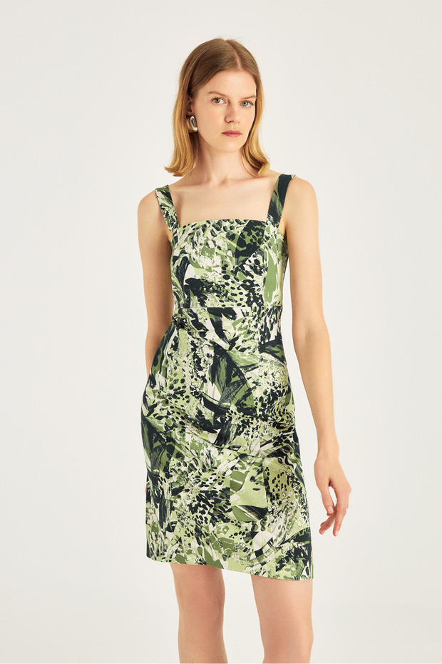 Desenli Askılı Elbise - 8