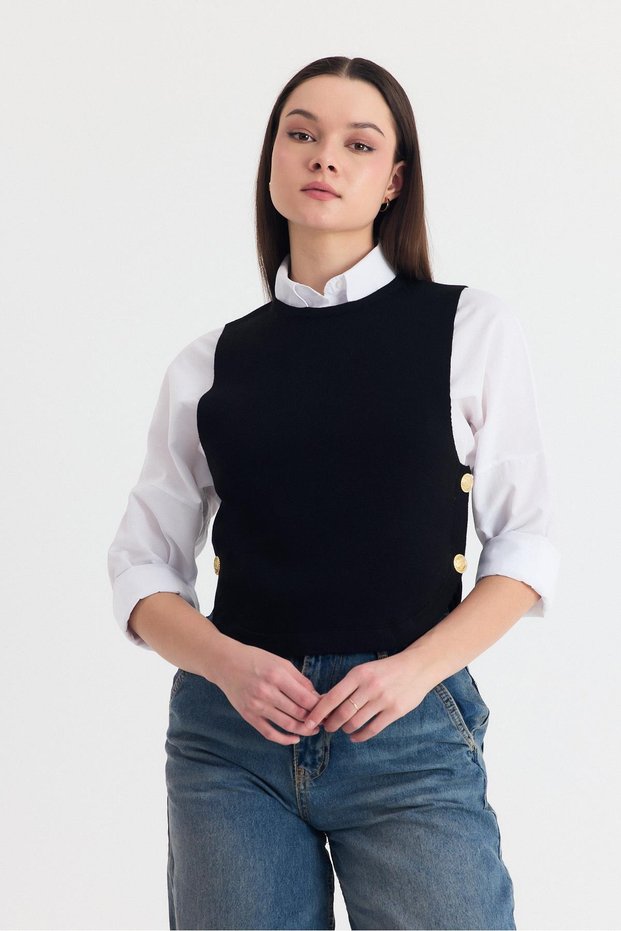 Black Side Button Detail Zero Sleeve Sweater 2111