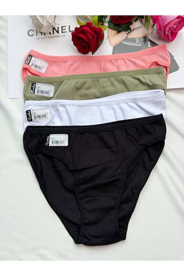 Set of 4 Ribbed Panties Black White Green Pink Color