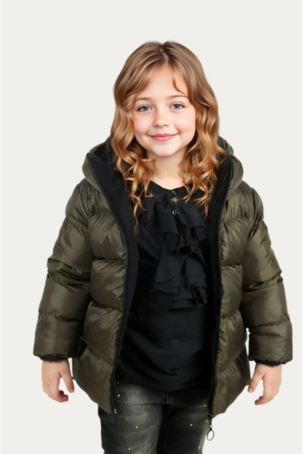 Girl's Khaki Fleece Hooded Waterproof Windproof Inflatable Winter Coat & Coat