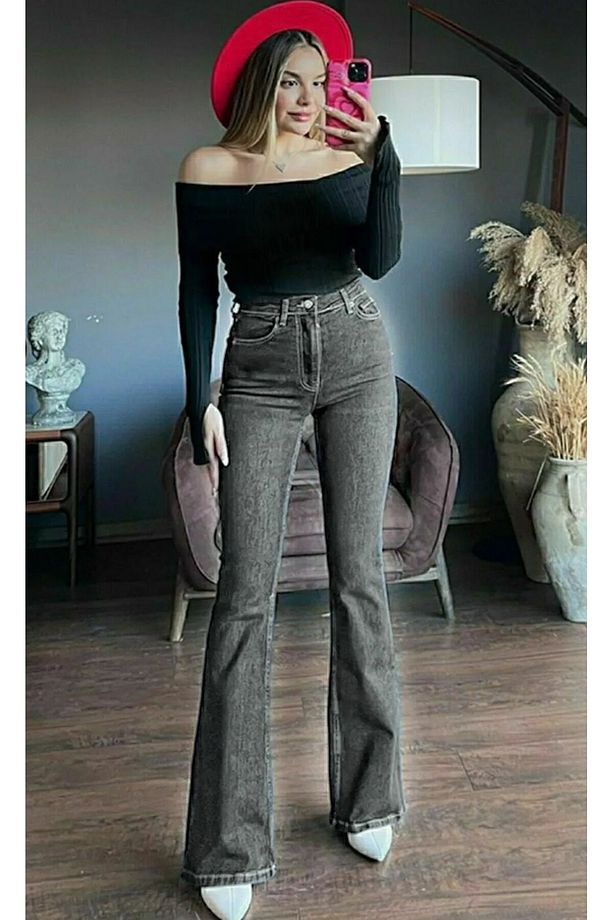 Yüksekbel Likralı Ispanyol Paça Jeans - 2