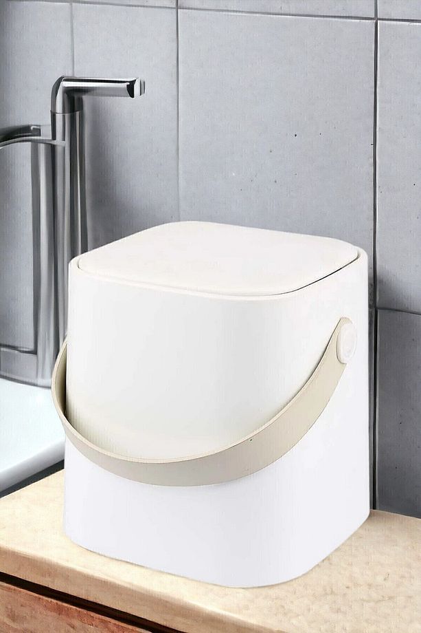 Deri Saplı İç Kovalı Click Kapaklı Mutfak Banyo Tuvalet Çöp Kovası 4 LT Çöp Kutusu Beyaz - 1