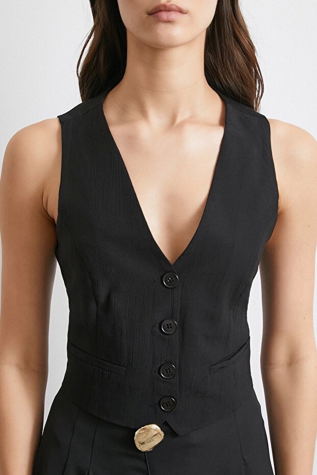 سترة بغطاء جيب بأربعة أزرار باللون الأسود - 5