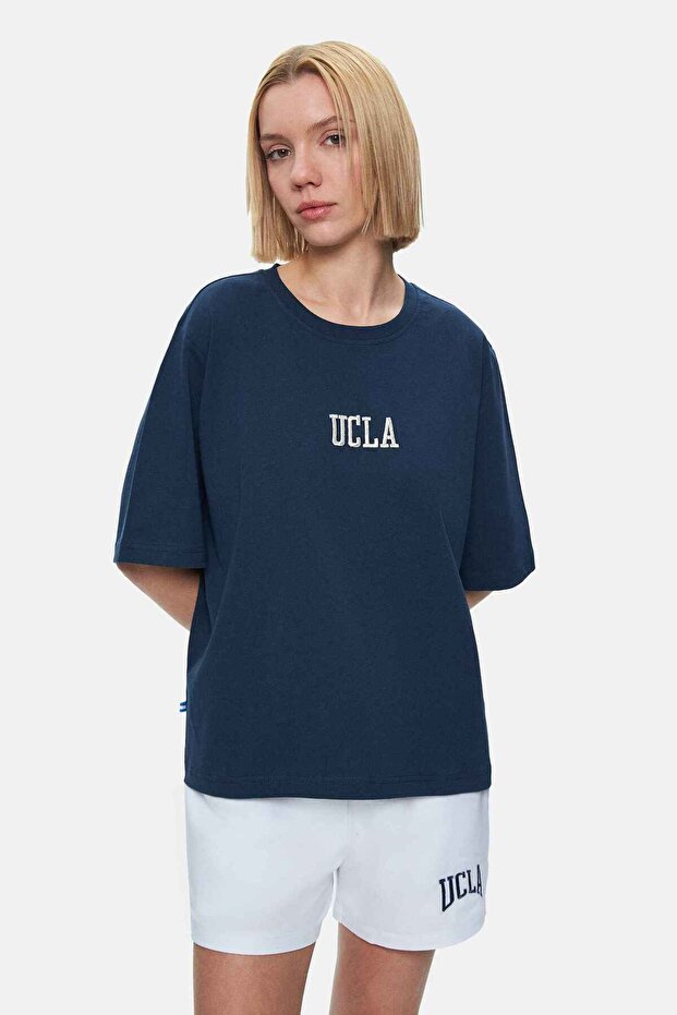 Manuela Navy Blue Glitter Embroidered Crew Neck 100% Cotton Loose Fit Women's Tshirt