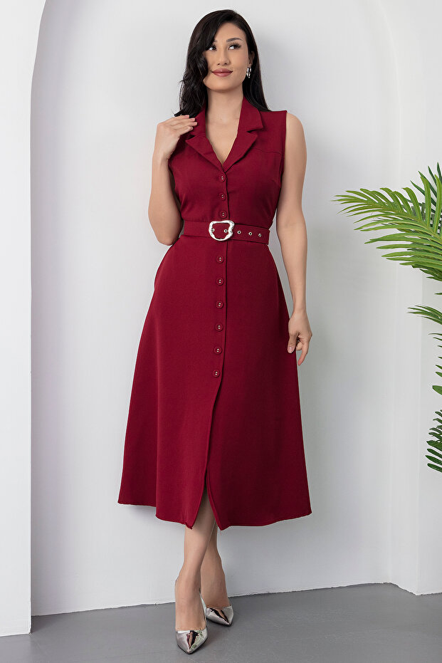 Boydan Düğmeli Yakalı Kemerli Elbise DKS1124 - 4