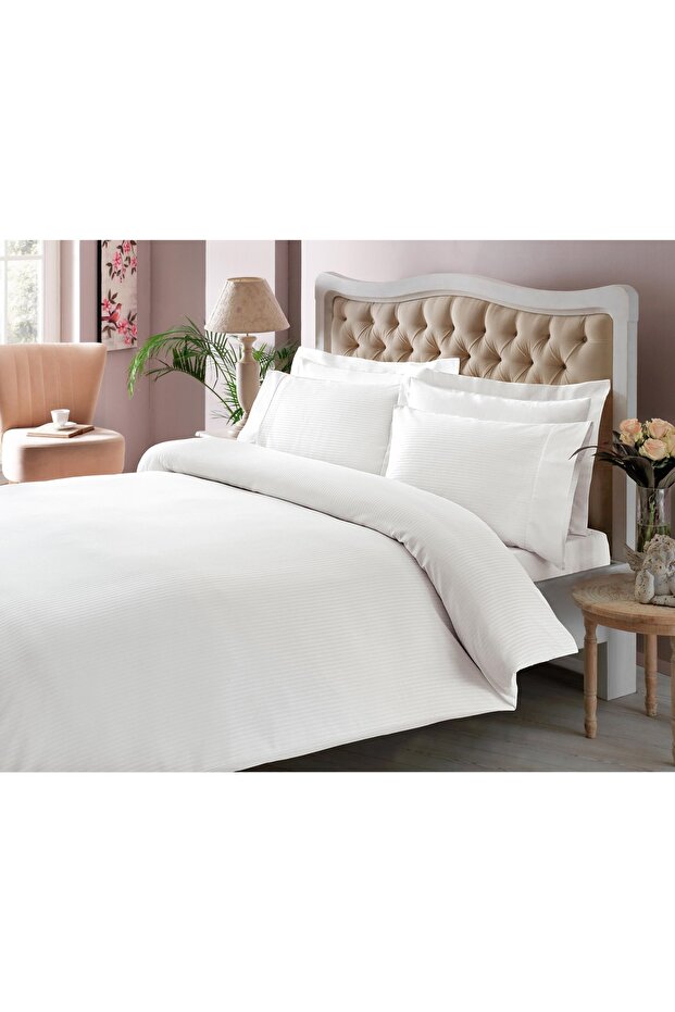 Stripe Premium Basic King Size Duvet Cover Set White