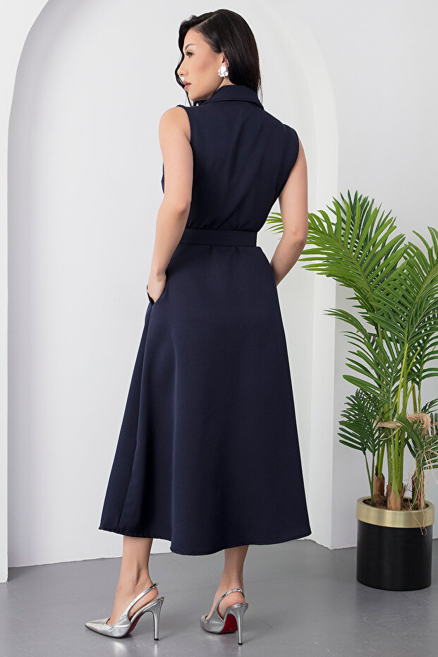 Boydan Düğmeli Yakalı Kemerli Elbise DKS1124 - 7