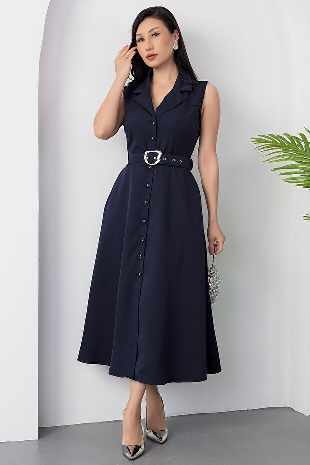 Boydan Düğmeli Yakalı Kemerli Elbise DKS1124 - 4