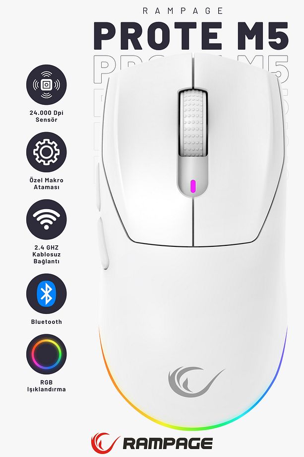 Prote M5 Bluetooth-kablosuz-kablolu Rgb Şarjlı 24000 Dpı 3311 Hafif Gaming Mouse Oyuncu Mouse Beyaz - 1