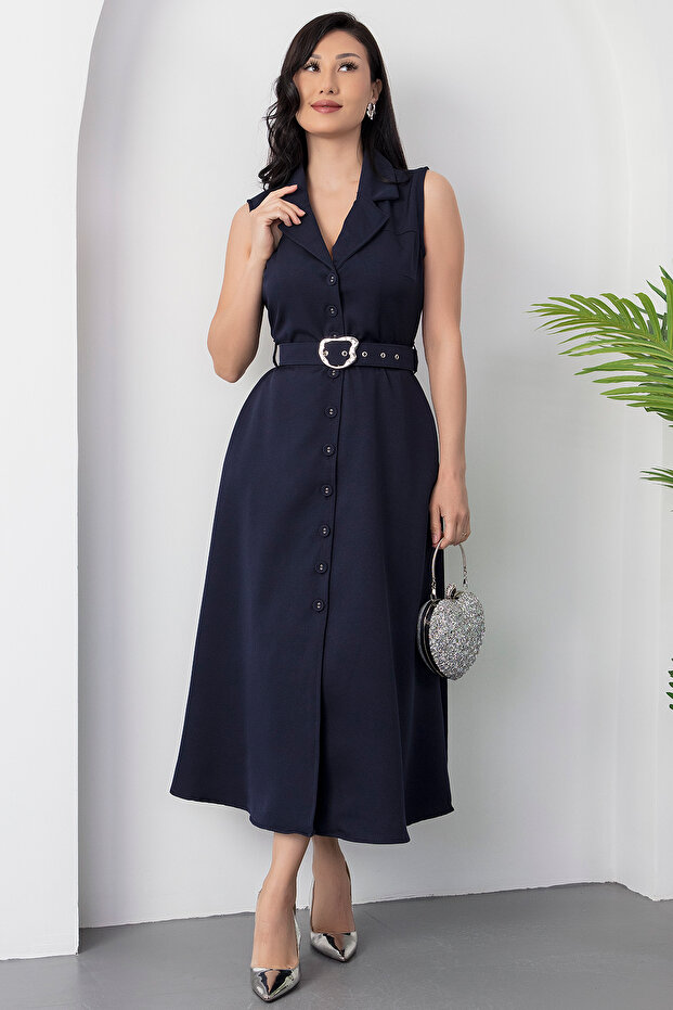 Boydan Düğmeli Yakalı Kemerli Elbise DKS1124 - 6