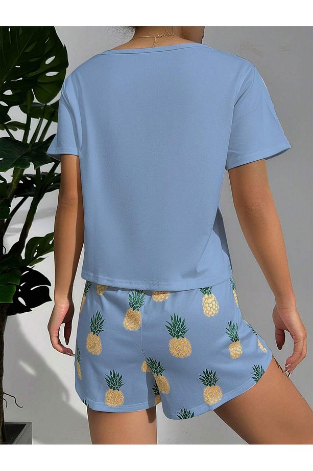 Ananas Desenli Yuvarlak Yaka Üst ve Şort Pijama Takımı - 2