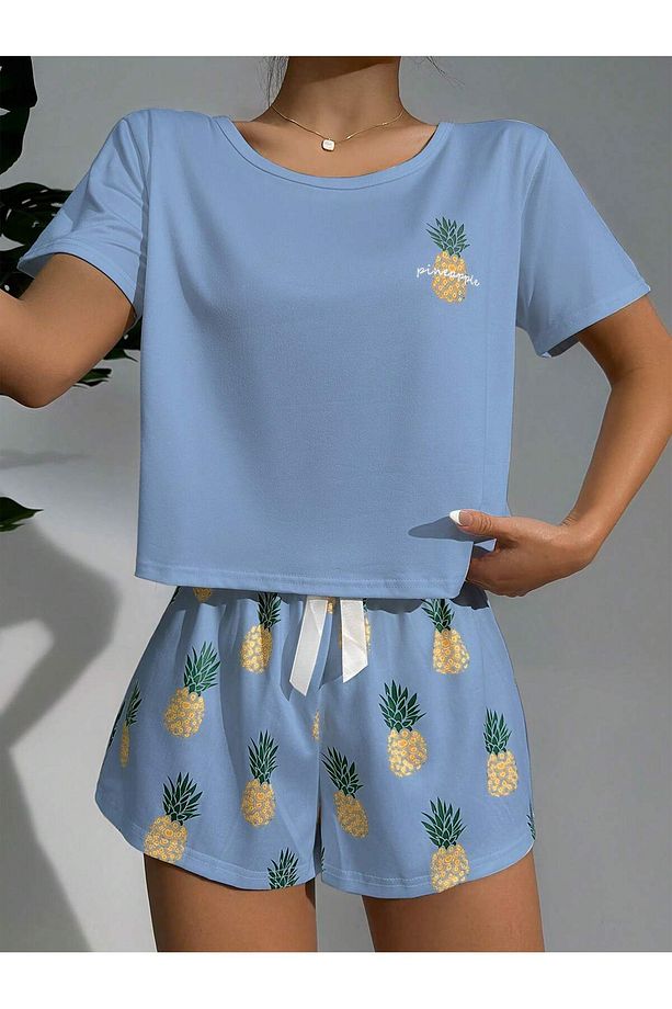 Ananas Desenli Yuvarlak Yaka Üst ve Şort Pijama Takımı - 5