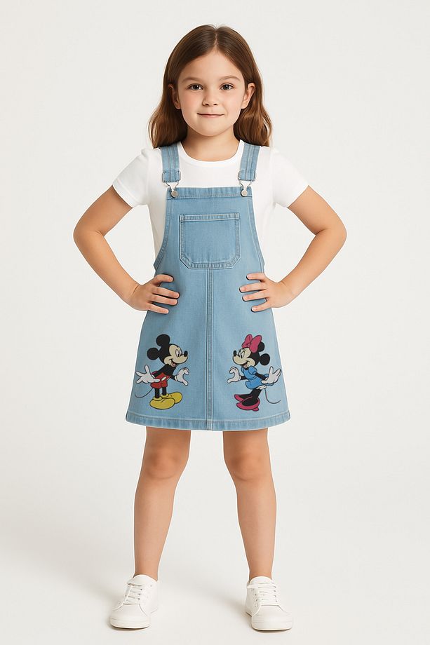 2-8 Yaş Kız Çocuk Mickey Minnie Baskılı Kot Jile Elbise | Askılı Jean Salopet Yazlık Elbise - 2